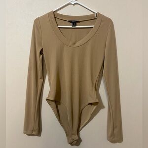 Forever 21 Bodysuit Snap Scoop Neck Tan Brown Beige Long Sleeve Women’s Large